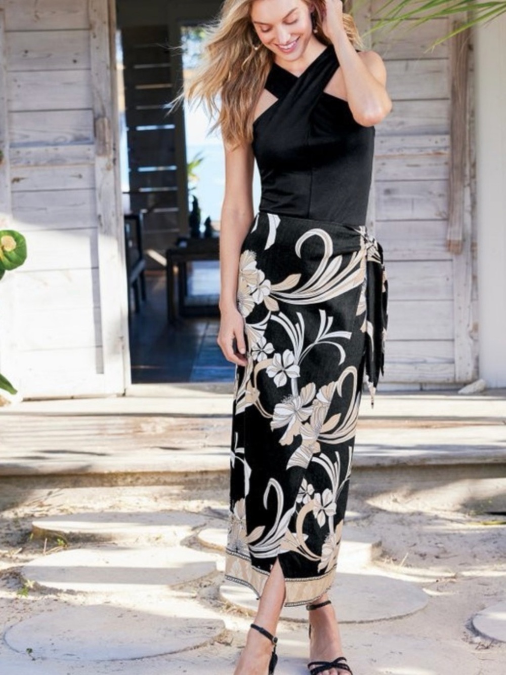 Soft Surroundings Black Isla Stretch Botanical Floral Linen Midi Skirt Size 14